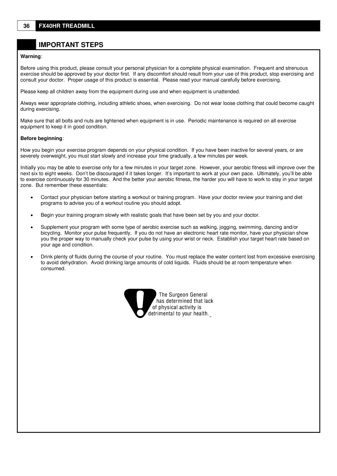 Evo Fitness FX40HR user manual Important Steps, Before beginning 