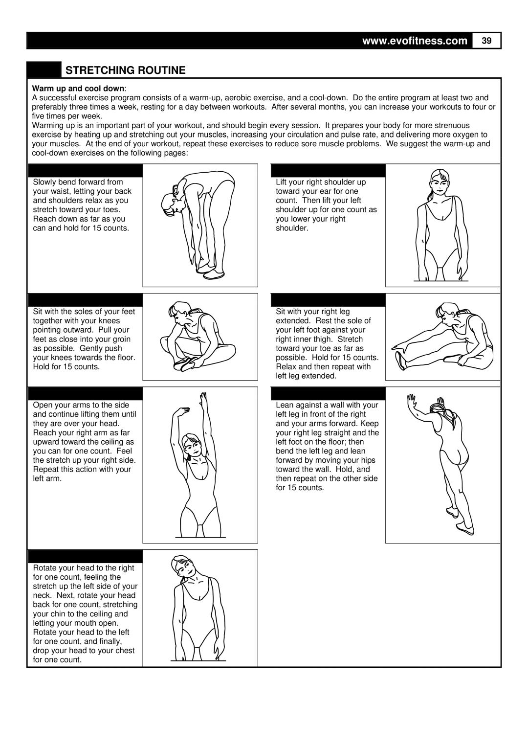 Evo Fitness FX40HR user manual Stretching Routine 