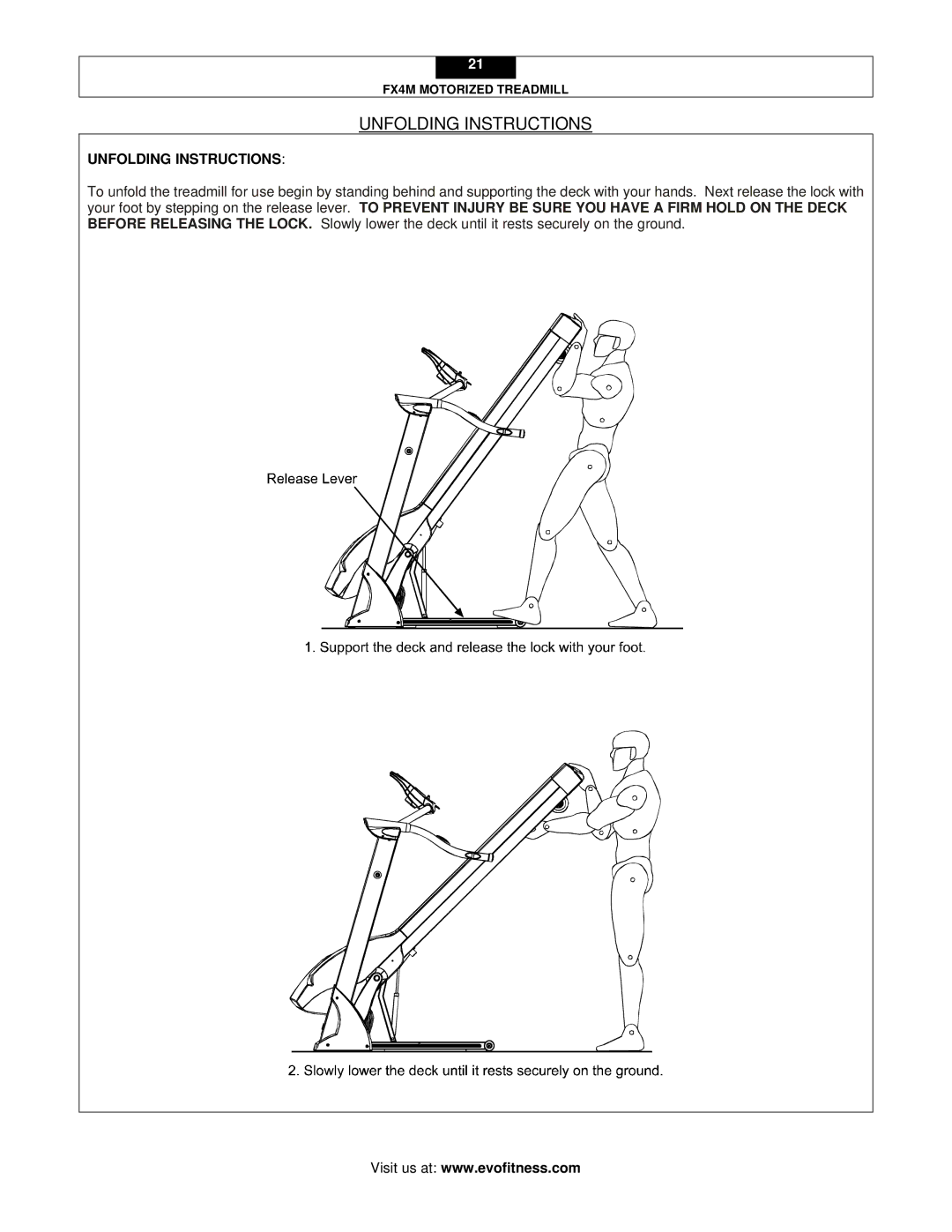 Evo Fitness FX4M user manual Unfolding Instructions 