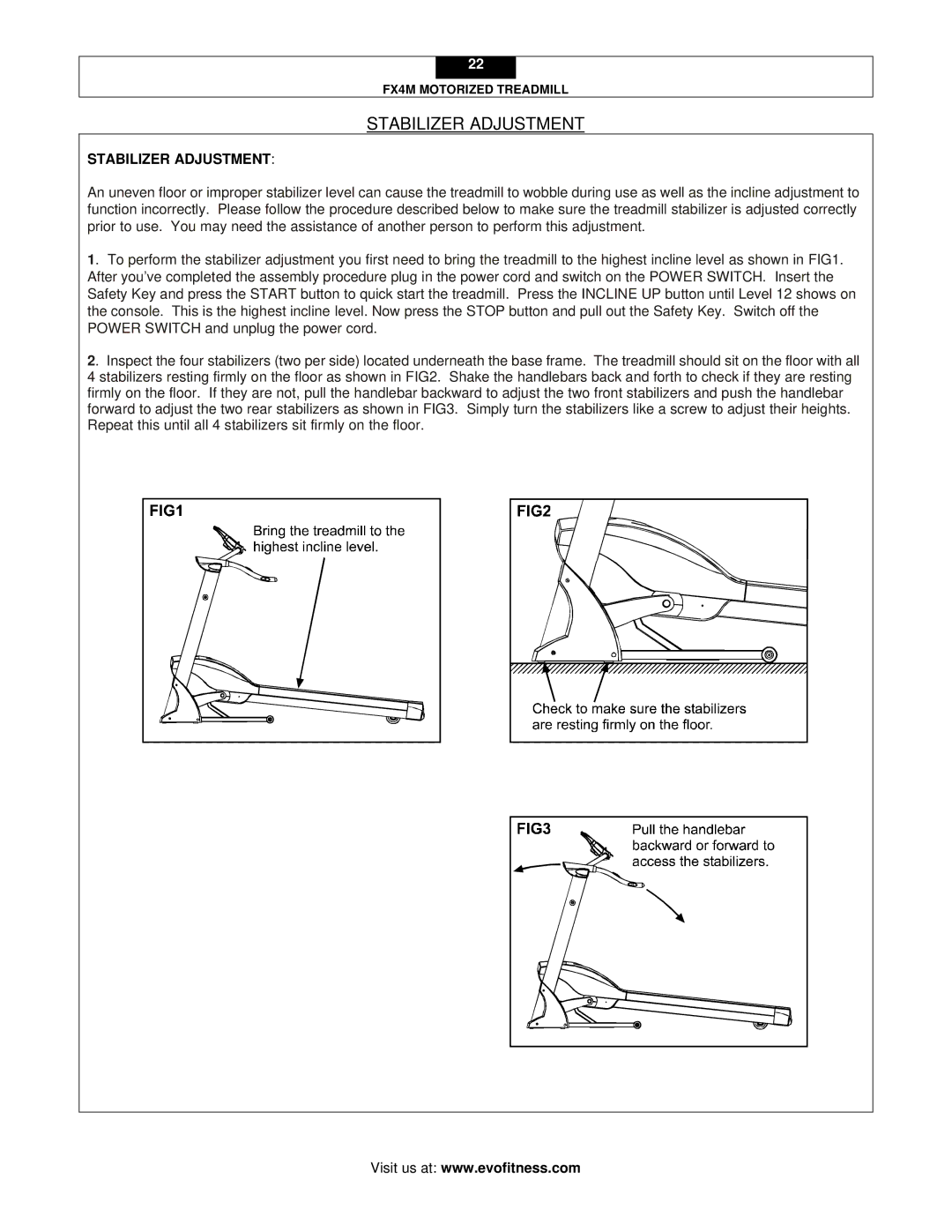 Evo Fitness FX4M user manual Stabilizer Adjustment 