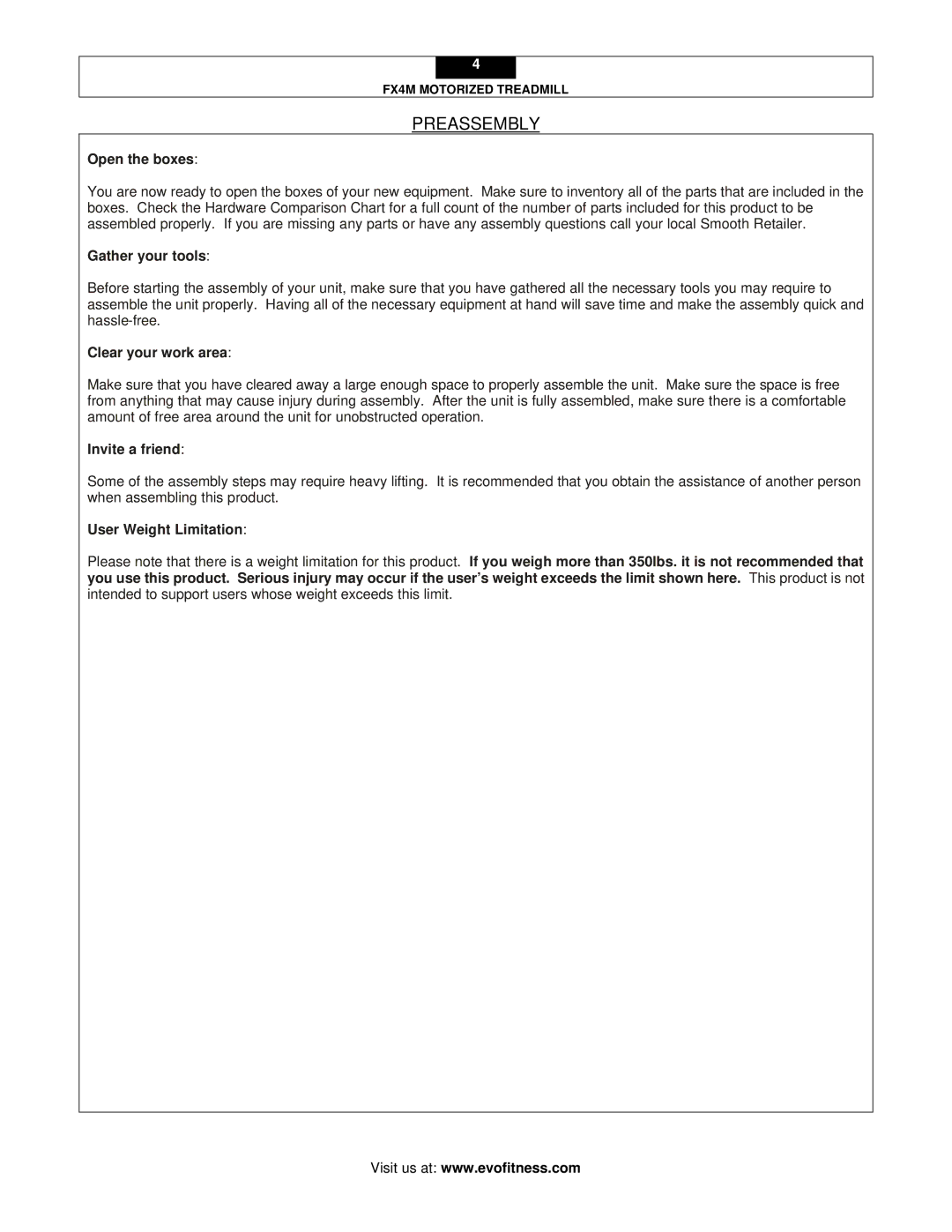 Evo Fitness FX4M user manual Preassembly 