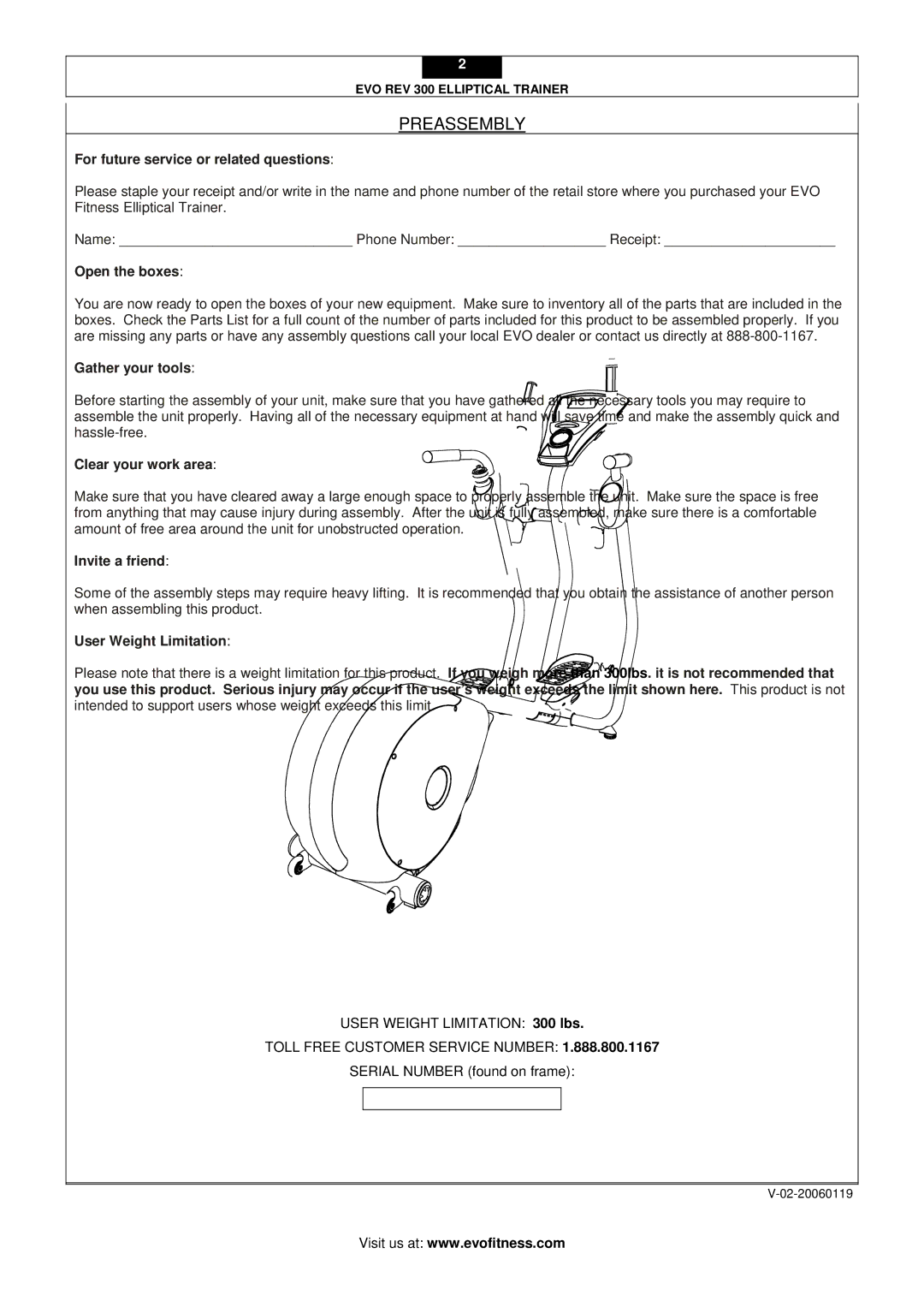 Evo Fitness Rev 300 user manual Preassembly 