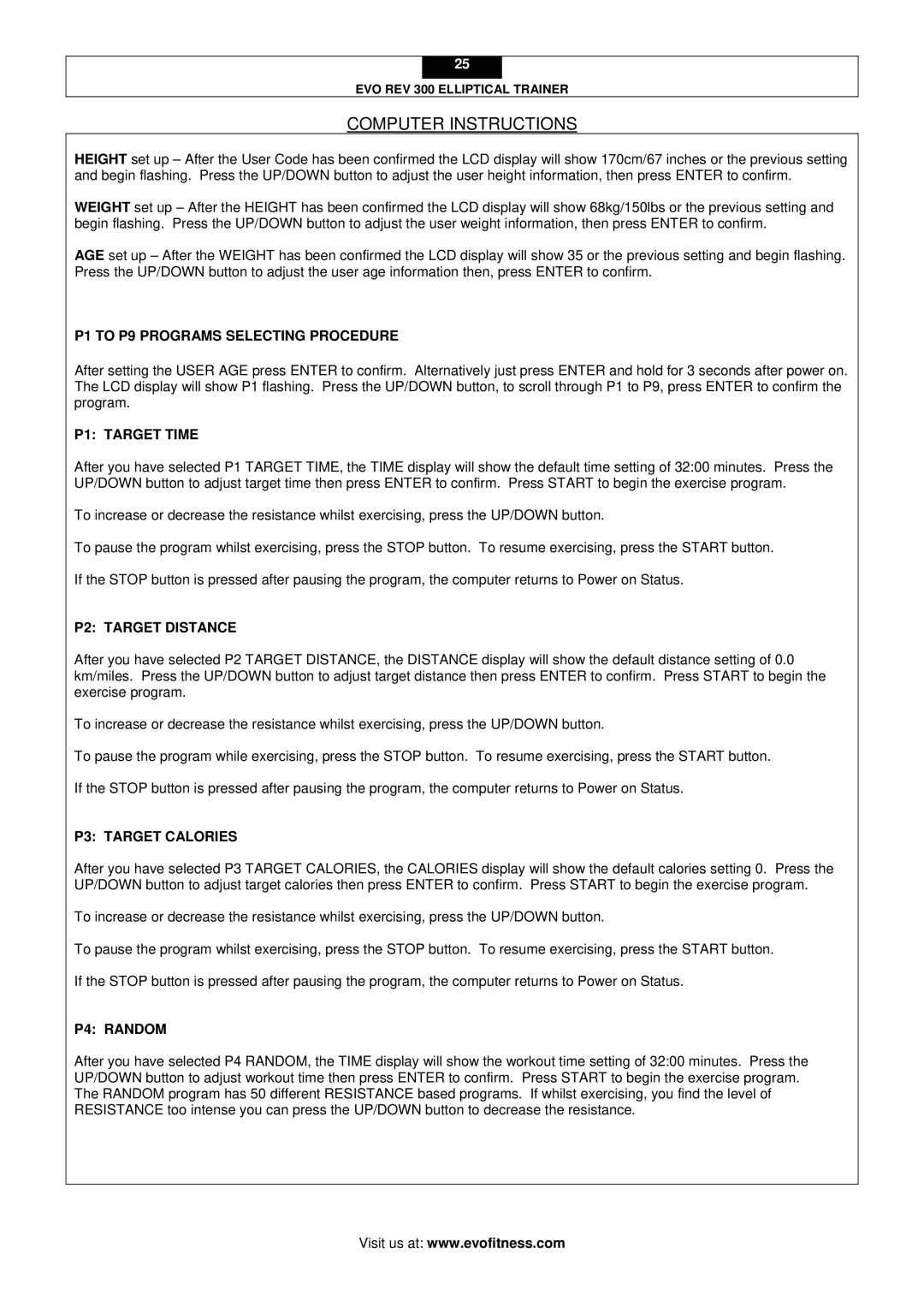 Evo Fitness Rev 300 P1 to P9 Programs Selecting Procedure, P1 Target Time, P2 Target Distance, P3 Target Calories 