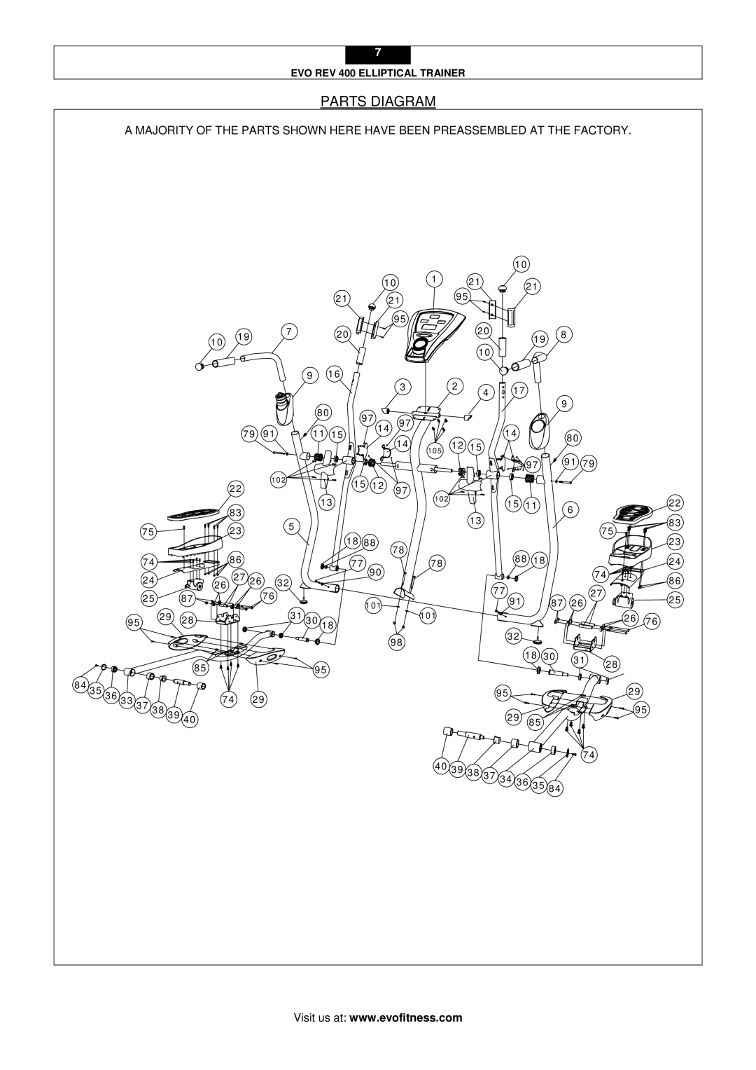 Evo Fitness REV 400 user manual Parts Diagram 