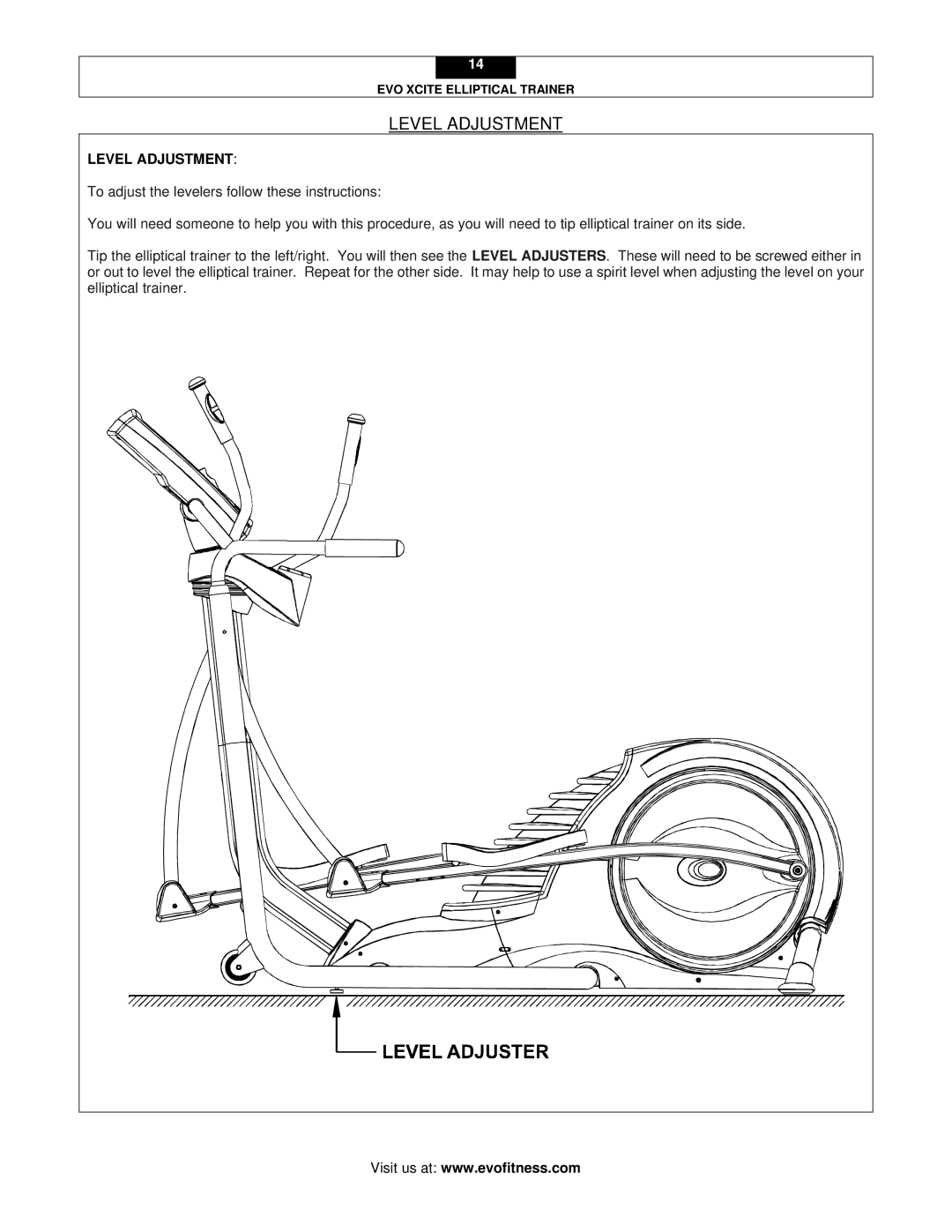 Evo Fitness XCITE user manual Level Adjustment 