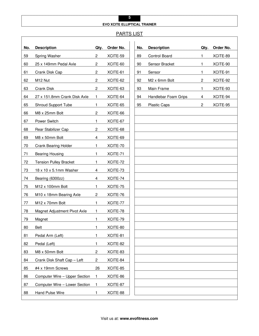 Evo Fitness user manual XCITE-59 