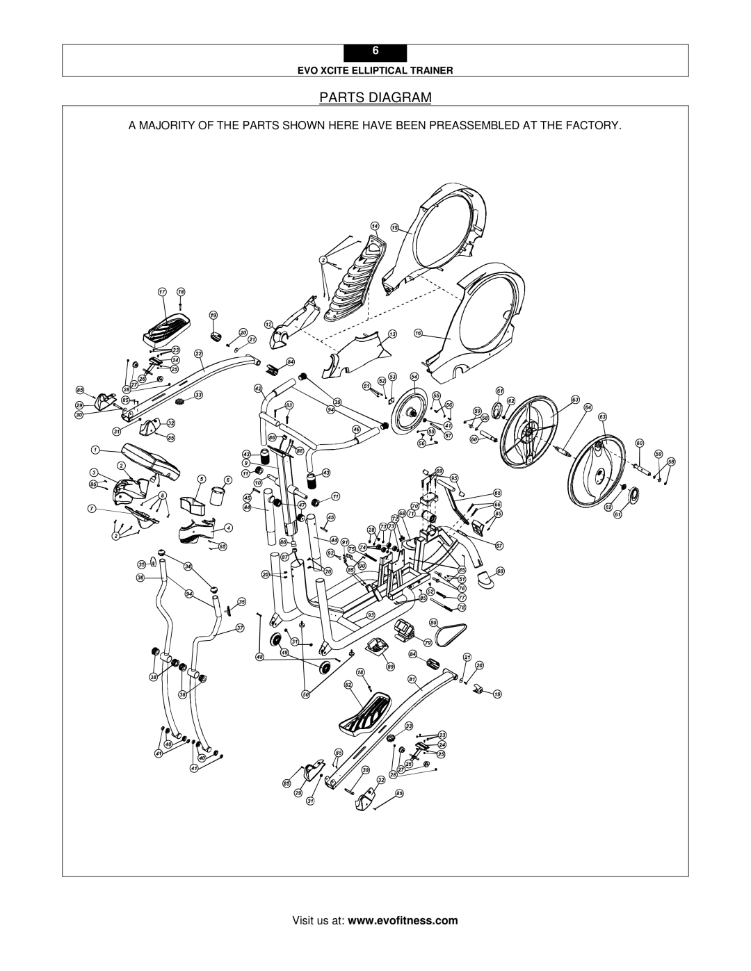 Evo Fitness XCITE user manual Parts Diagram 