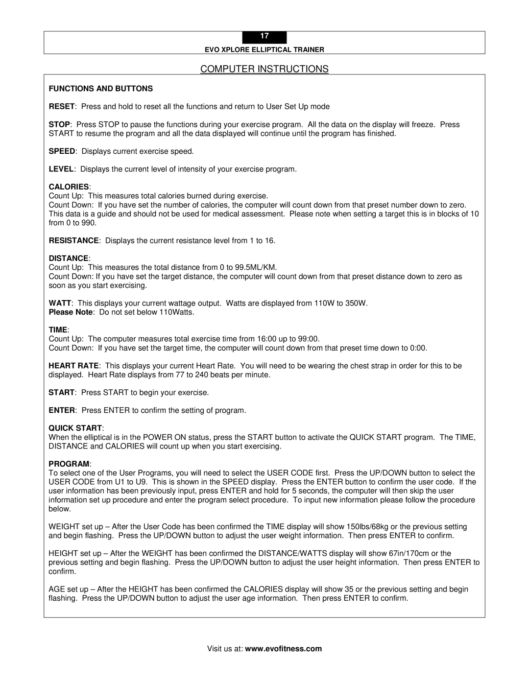 Evo Fitness XPLORE user manual Functions and Buttons, Calories, Distance, Time, Quick Start, Program 