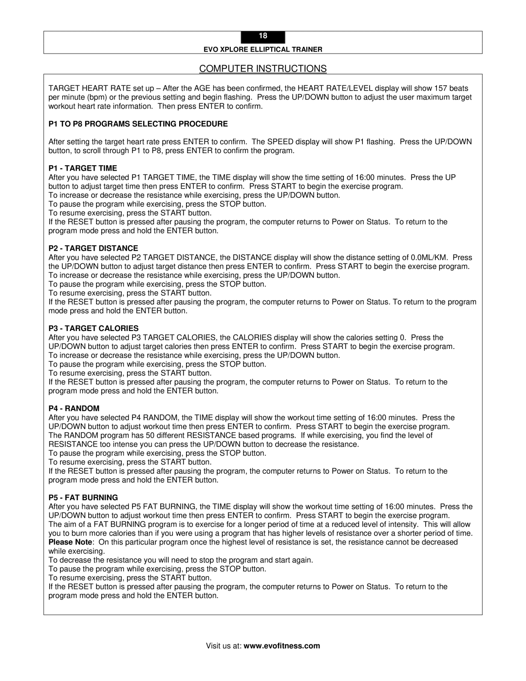 Evo Fitness XPLORE P1 to P8 Programs Selecting Procedure, P1 Target Time, P2 Target Distance, P3 Target Calories 