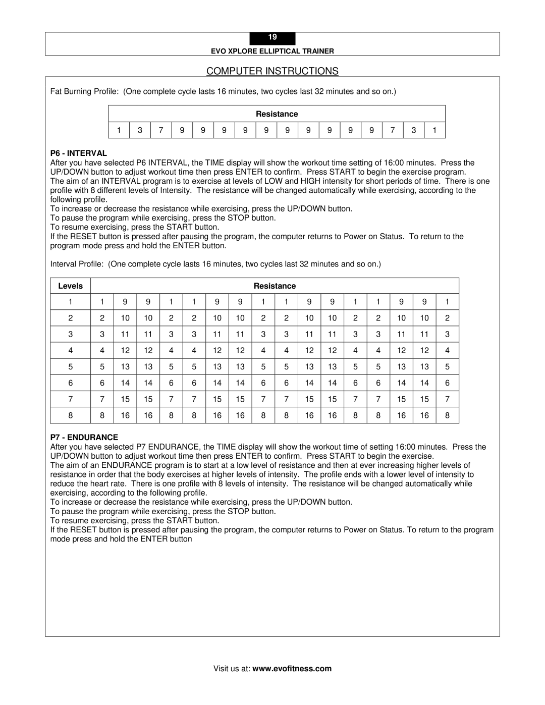 Evo Fitness XPLORE user manual P6 Interval, P7 Endurance 