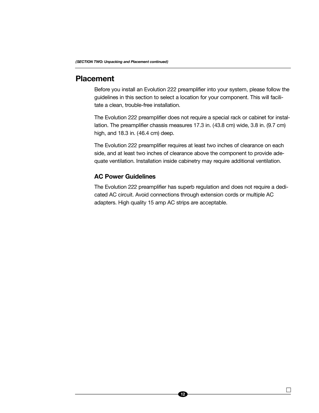 Evolution Technologies 222 manual Placement, AC Power Guidelines 