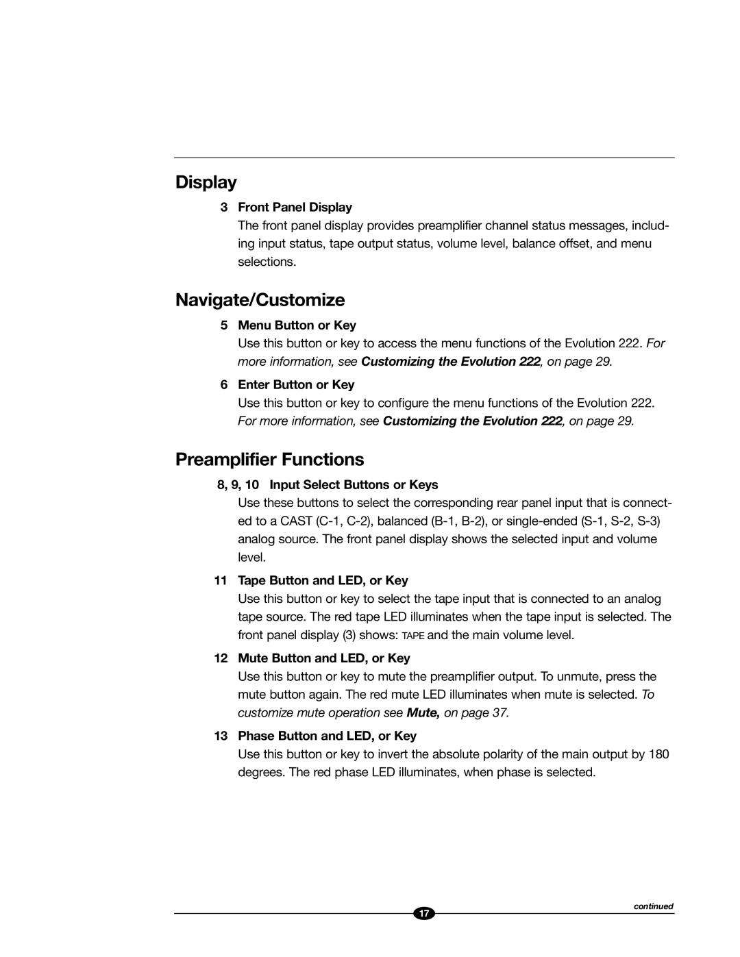 Evolution Technologies 222 manual Display, Navigate/Customize, Preamplifier Functions 