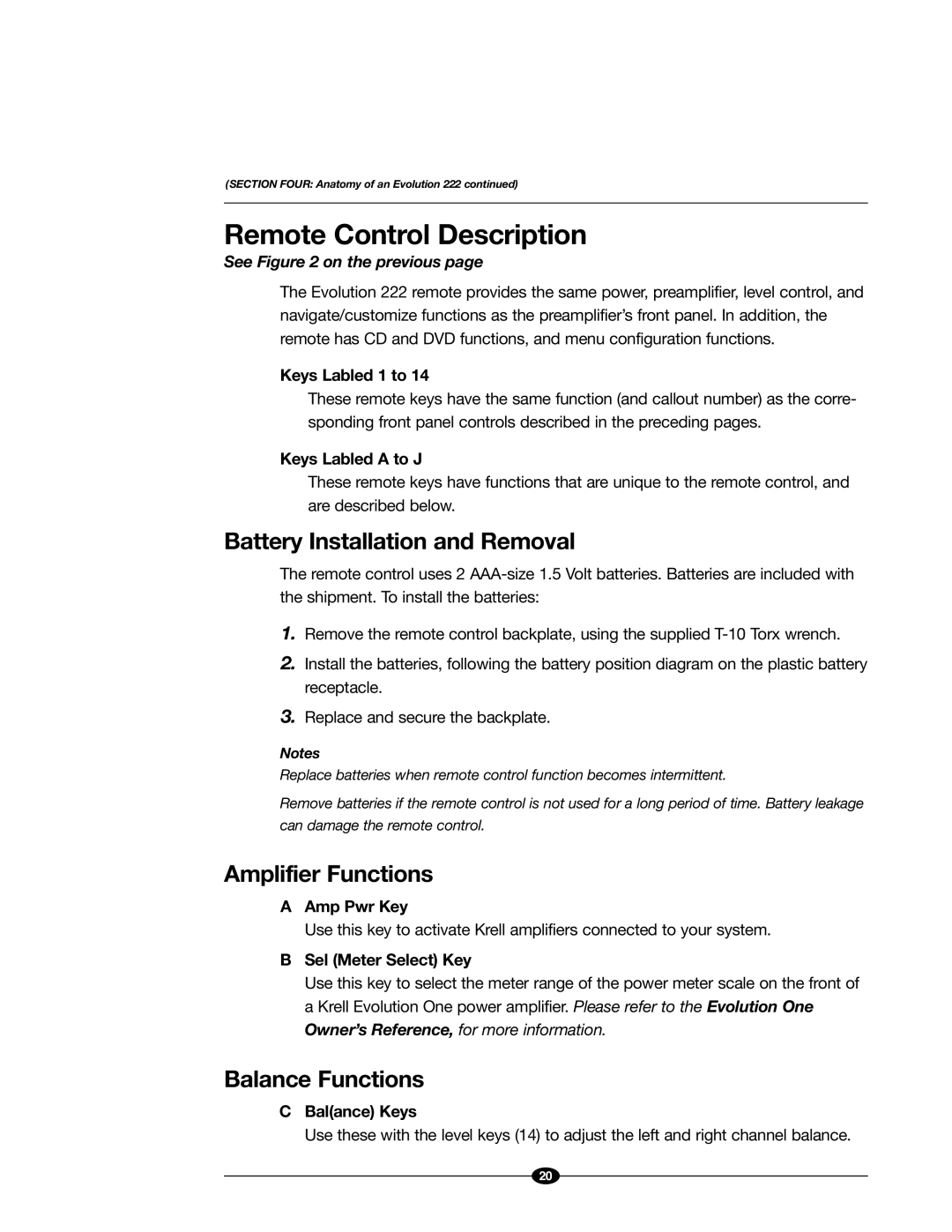 Evolution Technologies 222 manual Remote Control Description, Battery Installation and Removal, Amplifier Functions 