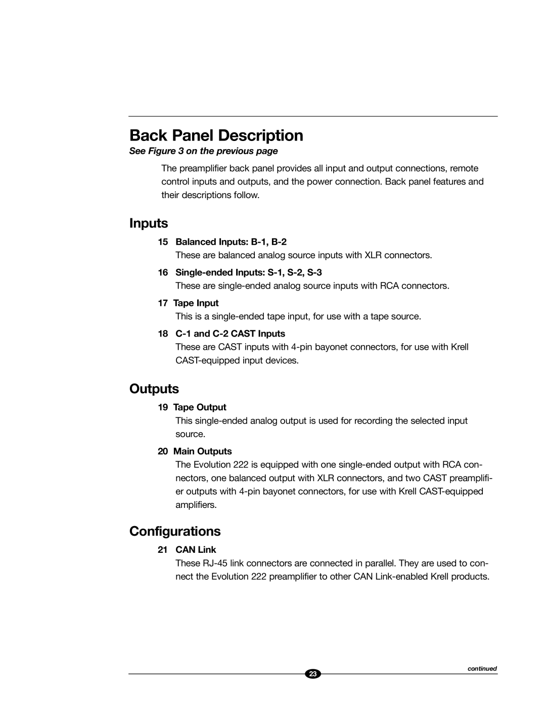 Evolution Technologies 222 manual Back Panel Description, Inputs, Outputs, Configurations 