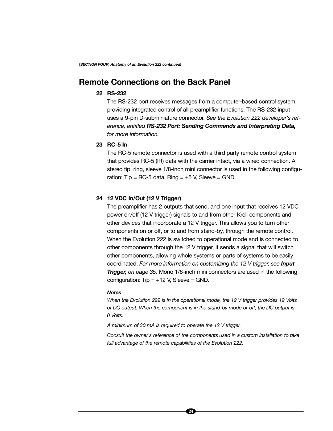 Evolution Technologies 222 manual Remote Connections on the Back Panel, 22 RS-232, 23 RC-5, 24 12 VDC In/Out 12 V Trigger 