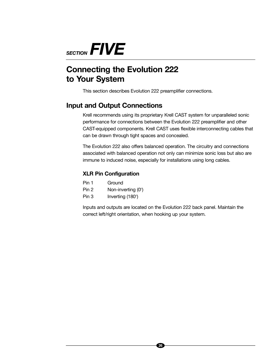 Evolution Technologies Connecting the Evolution 222 to Your System, Input and Output Connections, XLR Pin Configuration 