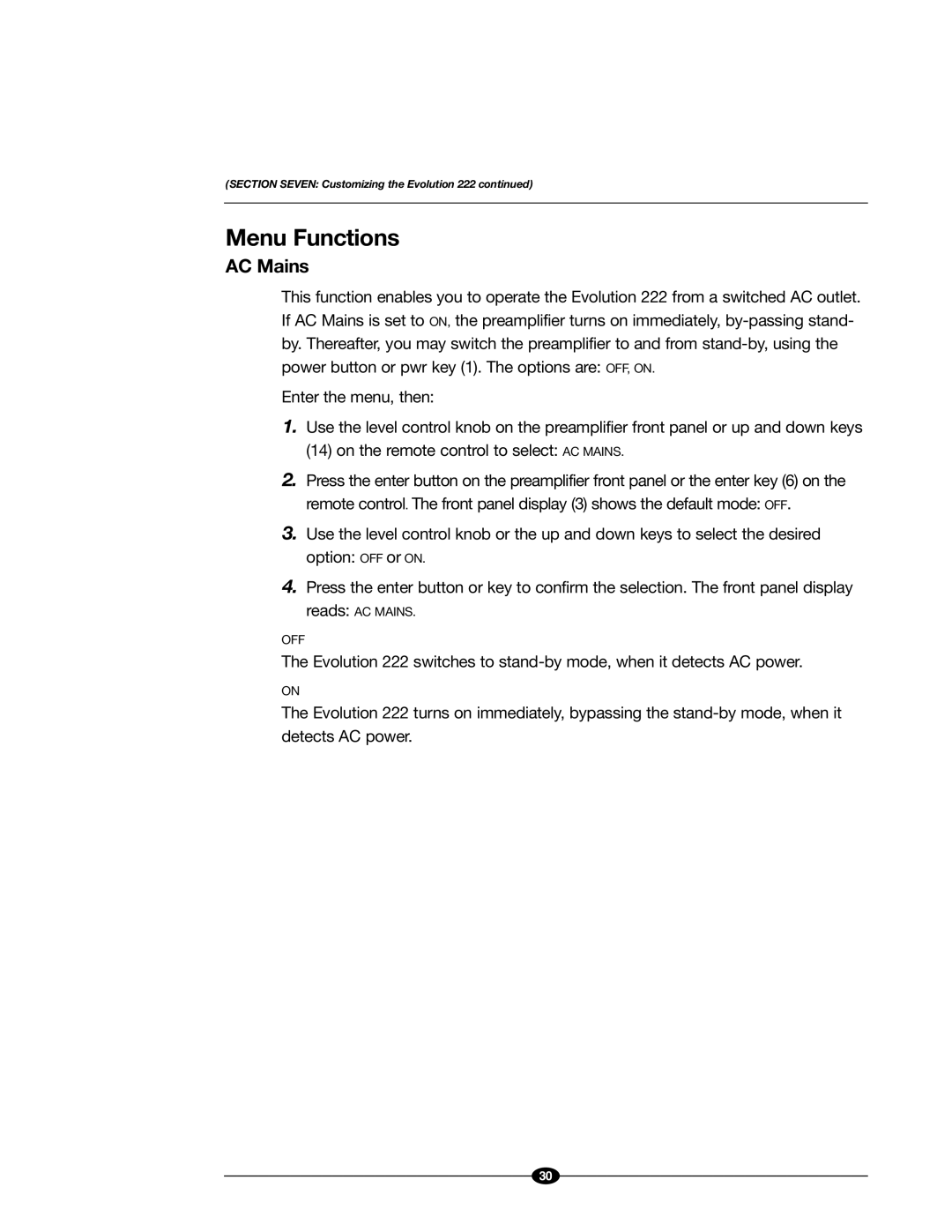 Evolution Technologies 222 manual Menu Functions, AC Mains 