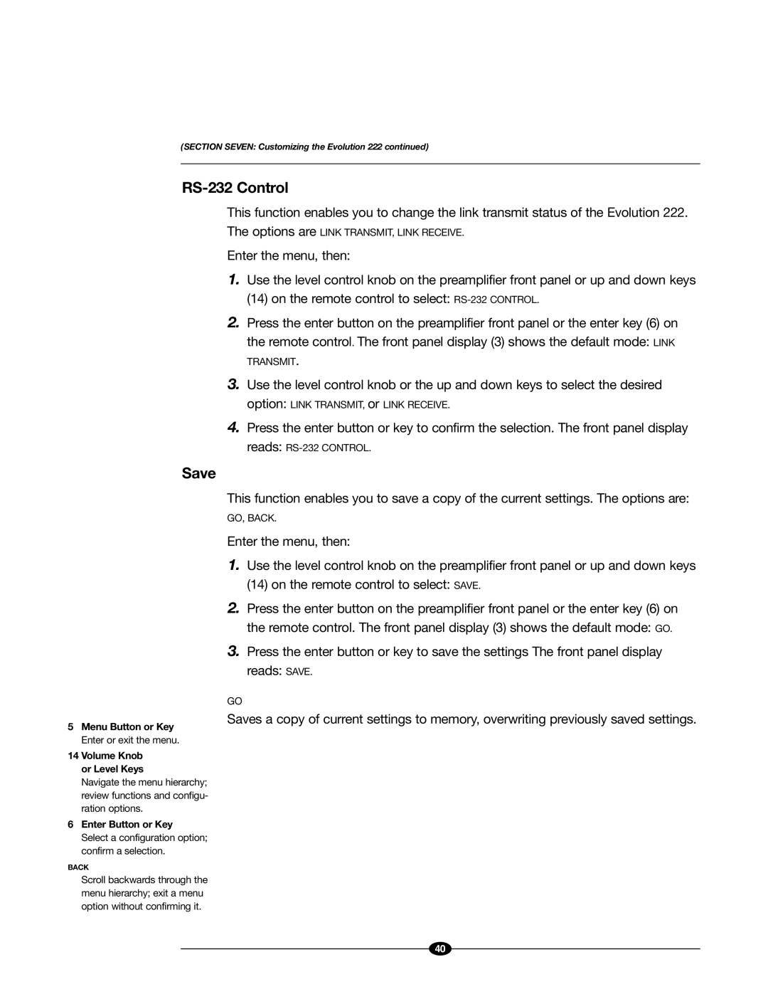 Evolution Technologies 222 manual RS-232 Control, Save 