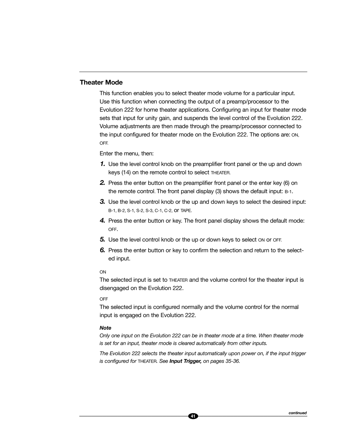 Evolution Technologies 222 manual Theater Mode 