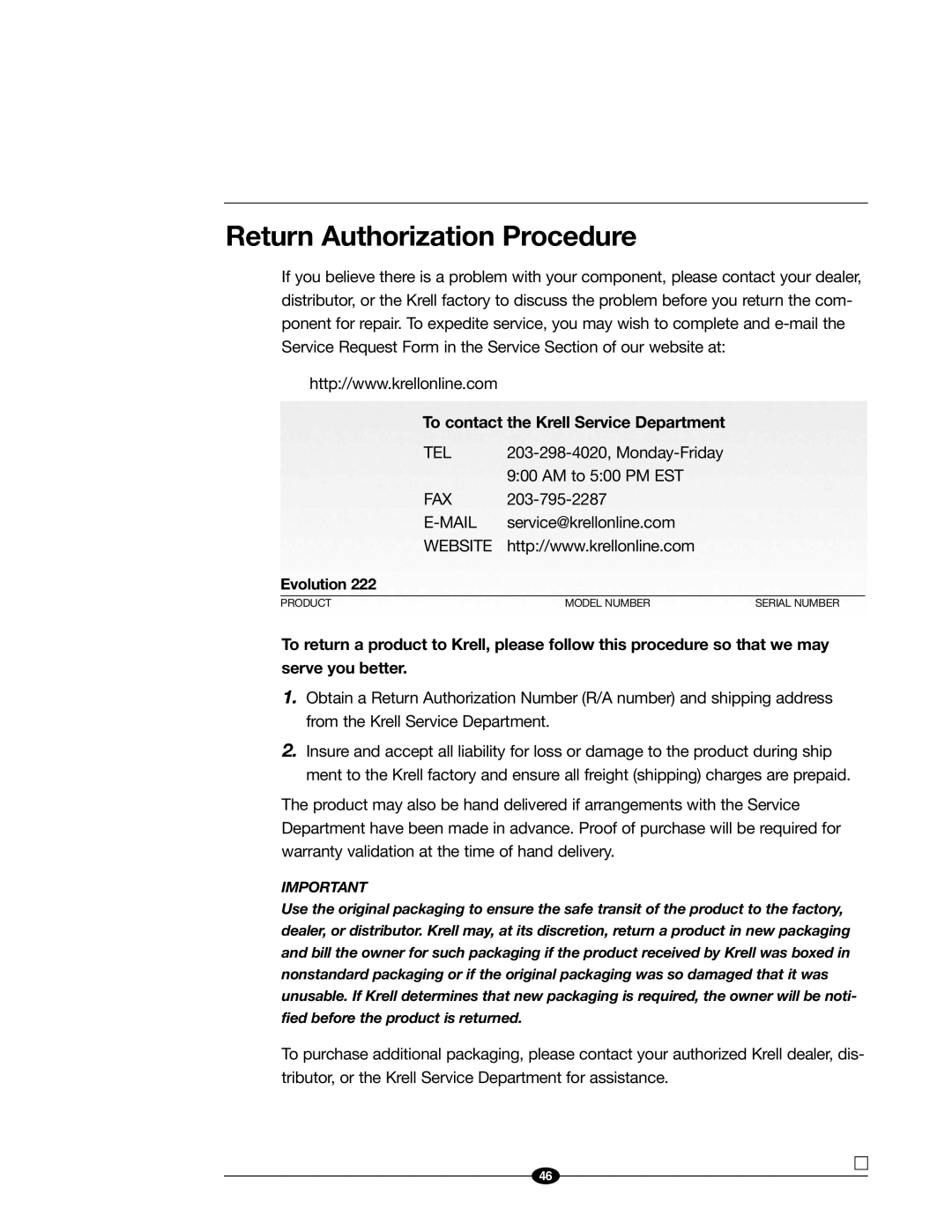 Evolution Technologies 222 manual Return Authorization Procedure, To contact the Krell Service Department 