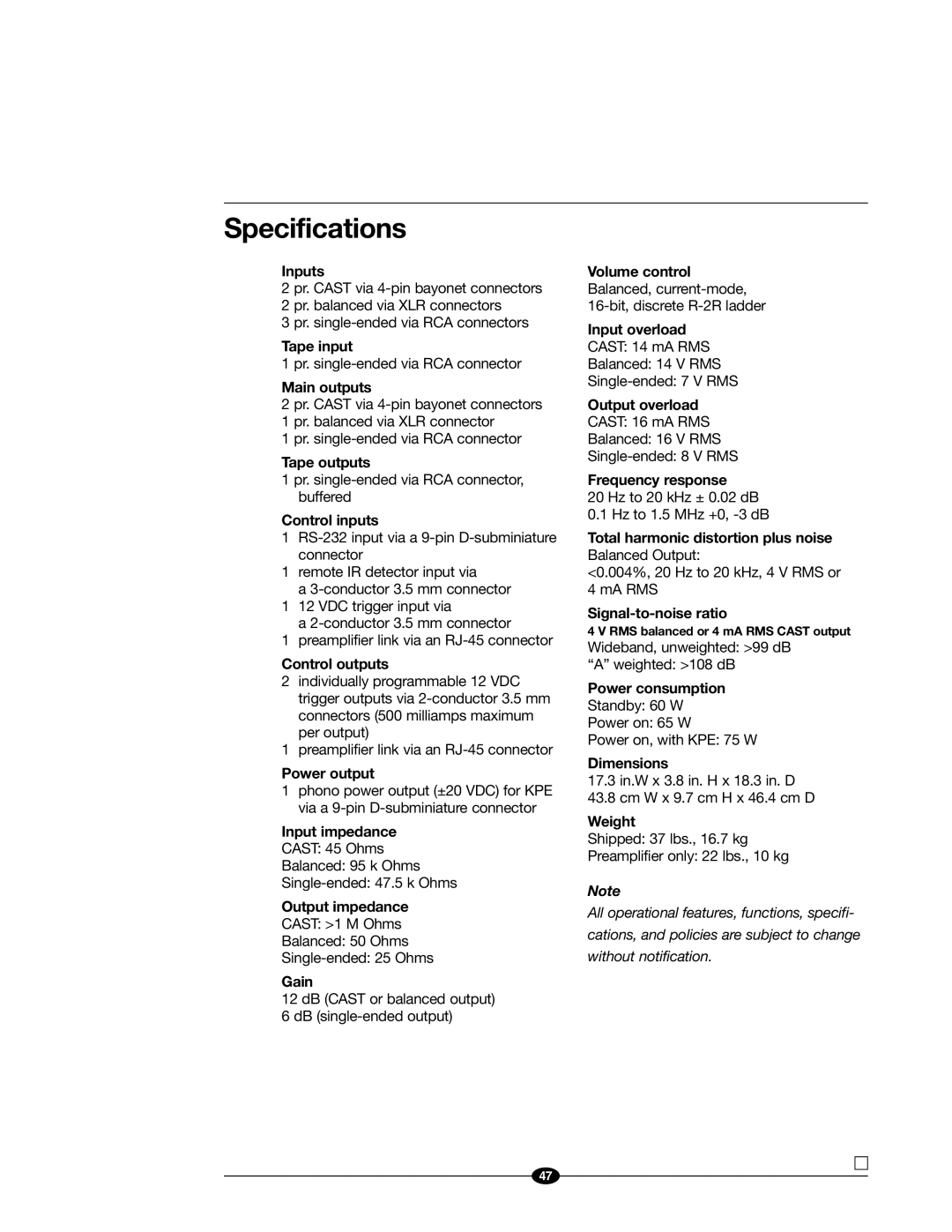 Evolution Technologies 222 manual Specifications, Inputs 