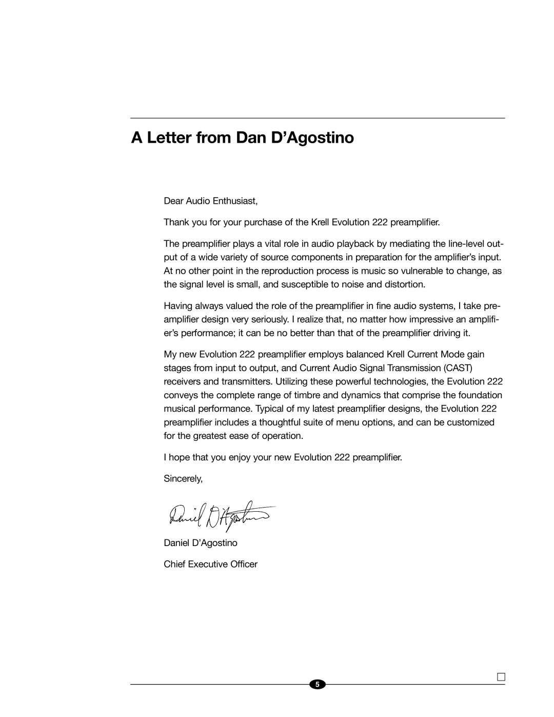 Evolution Technologies 222 manual Letter from Dan D’Agostino 