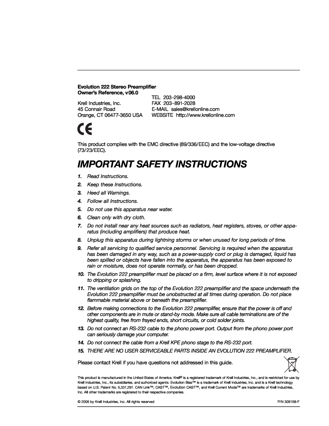 Evolution Technologies manual Important Safety Instructions, Evolution 222 Stereo Preamplifier, Owner’s Reference 