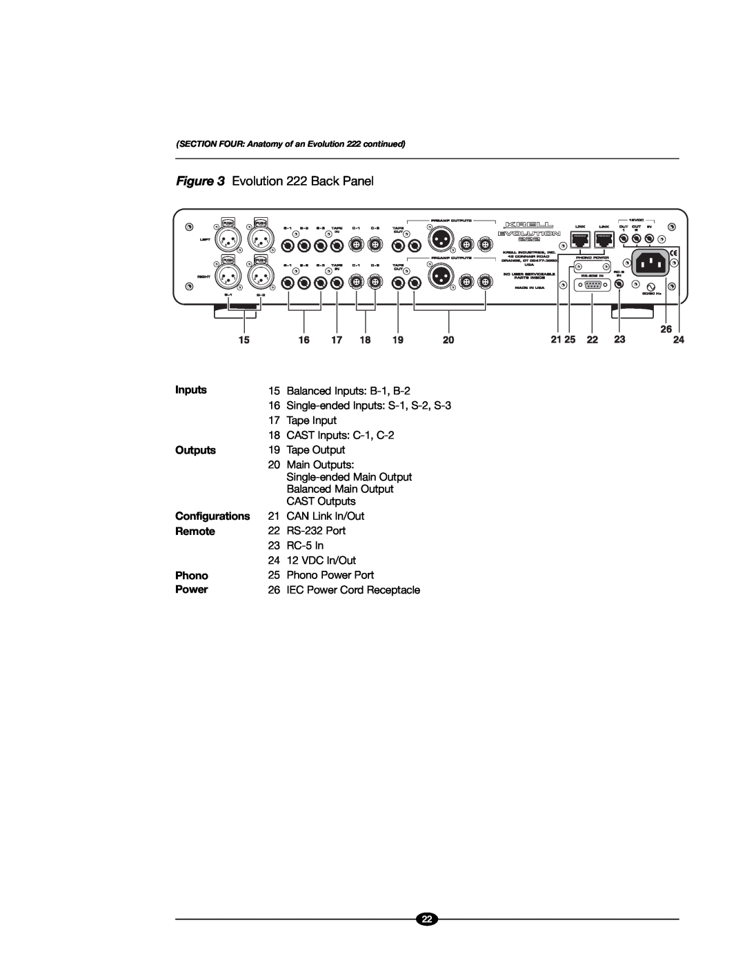 Evolution Technologies 222 manual Inputs, Outputs, Configurations, Remote, Phono, Power 