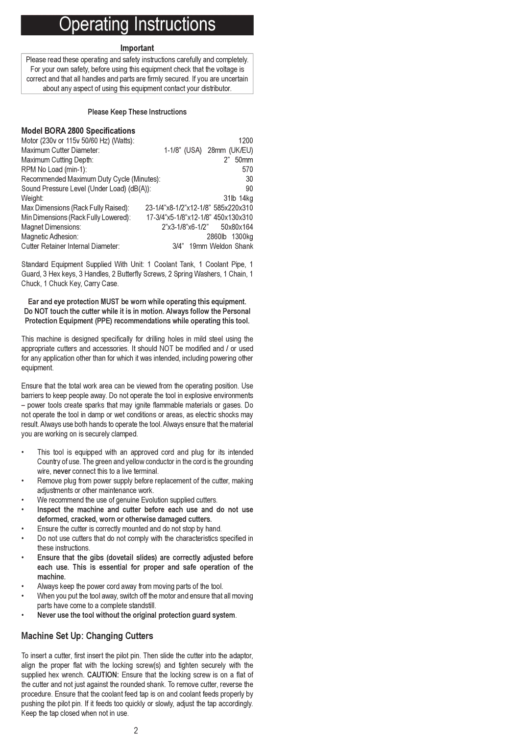 Evolution Technologies Operating Instructions, Machine Set Up Changing Cutters, Model Bora 2800 Specifications 