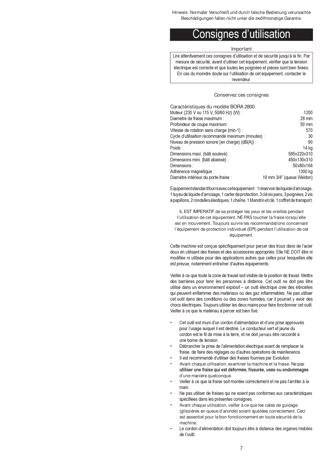 Evolution Technologies 2800 Consignes d’utilisation, Conservez ces consignes Caractéristiques du modèle Bora 