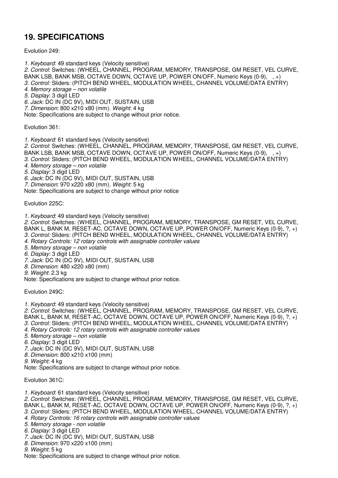 Evolution Technologies 361, 249 manual Specifications, Memory storage non volatile 