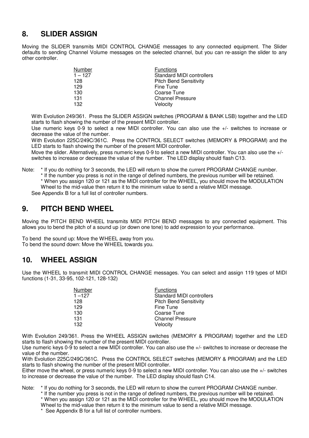 Evolution Technologies 361, 249 manual Slider Assign, Pitch Bend Wheel, Wheel Assign 