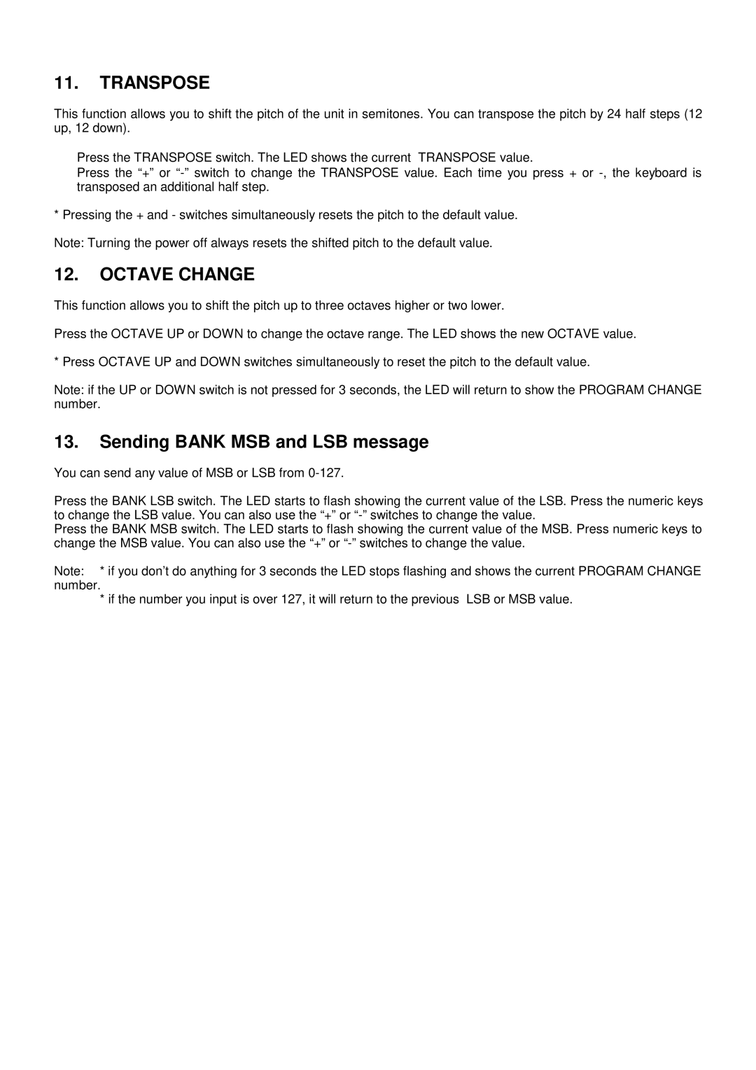 Evolution Technologies 249, 361 manual Transpose, Octave Change, Sending Bank MSB and LSB message 