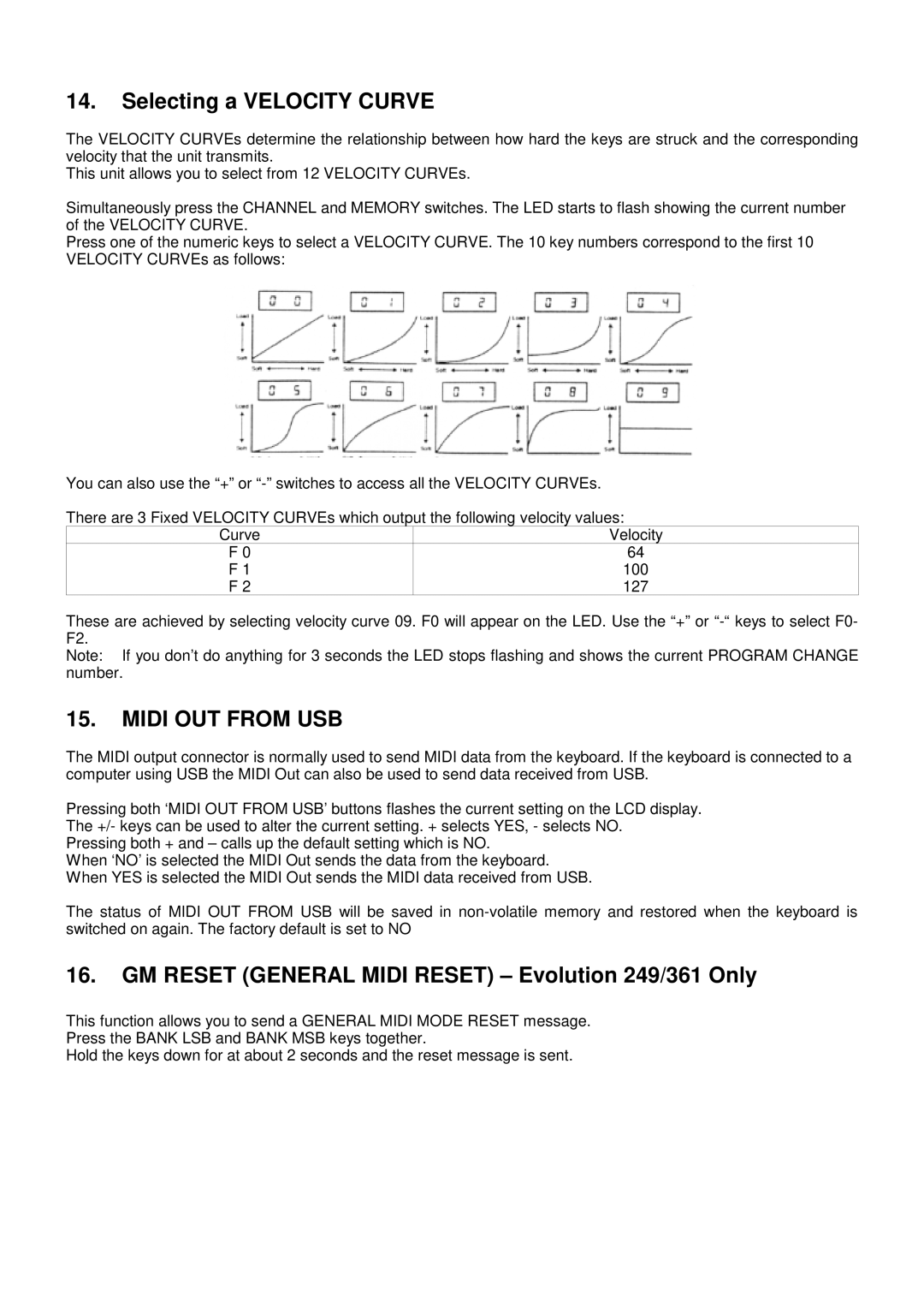 Evolution Technologies 361, 249 manual Selecting a Velocity Curve, Midi OUT from USB 