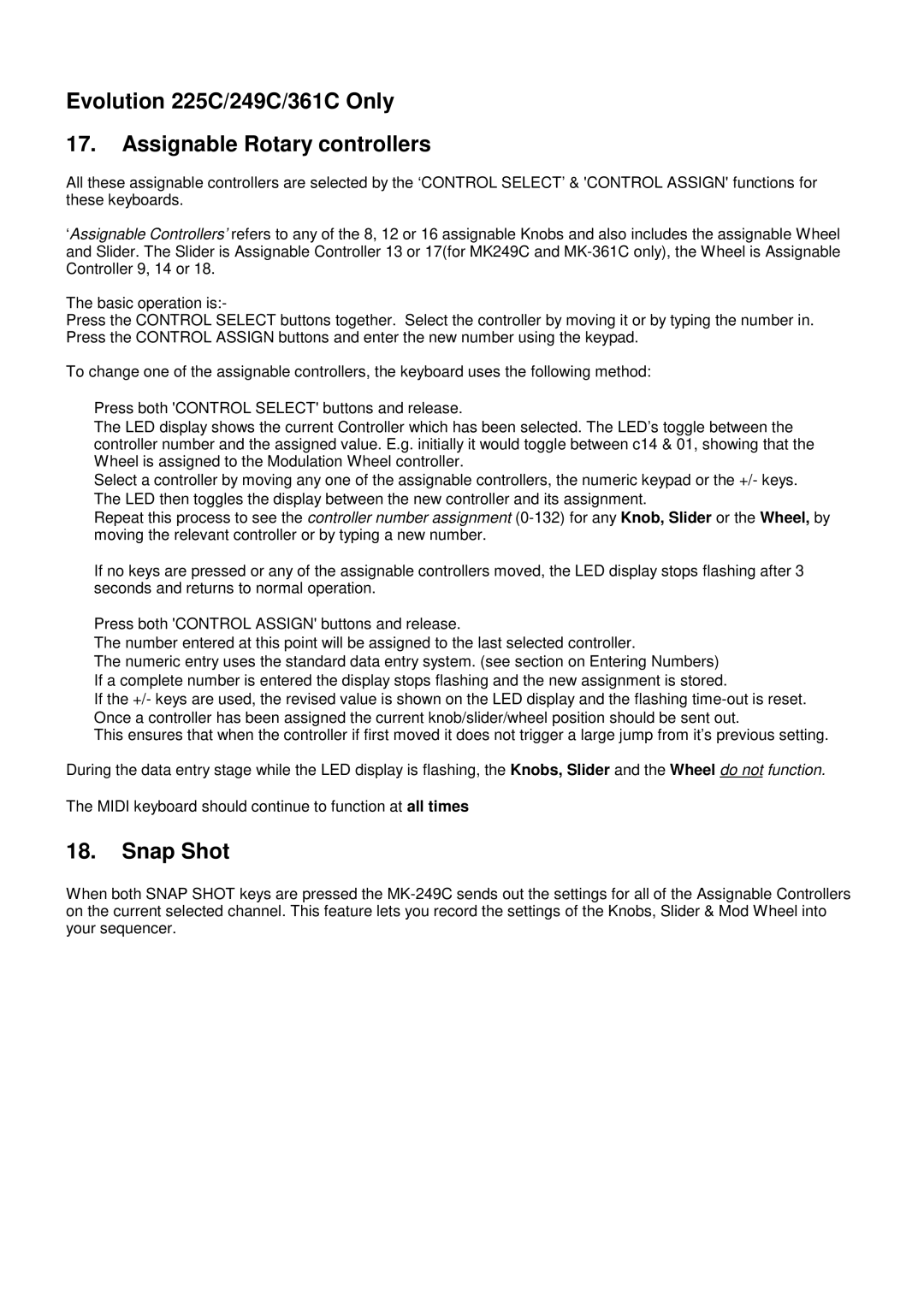 Evolution Technologies manual Evolution 225C/249C/361C Only Assignable Rotary controllers, Snap Shot 