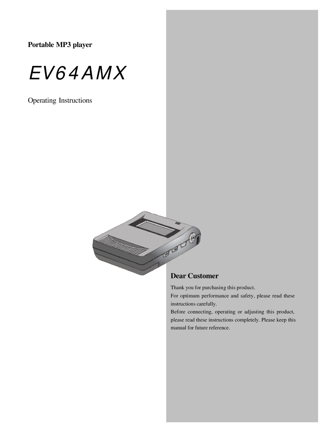 Evolution Technologies EV64AMX operating instructions Portable MP3 player, Dear Customer 