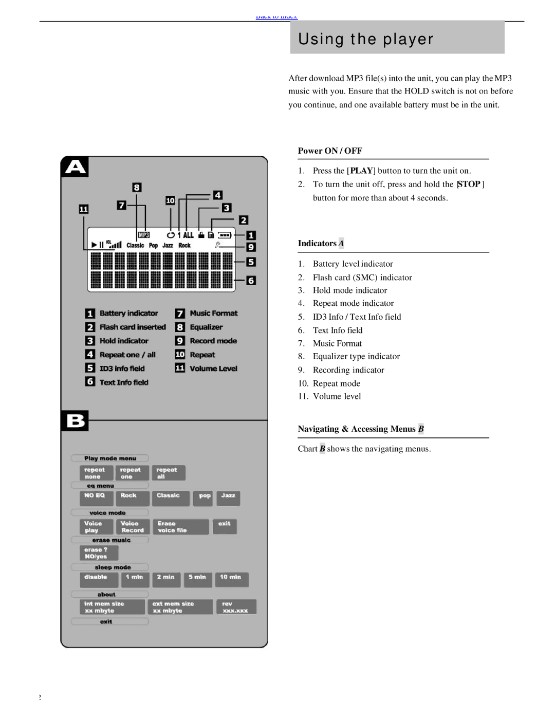 Evolution Technologies EV64AMX Using the player, Power on / OFF, Indicators a, Navigating & Accessing Menus B 