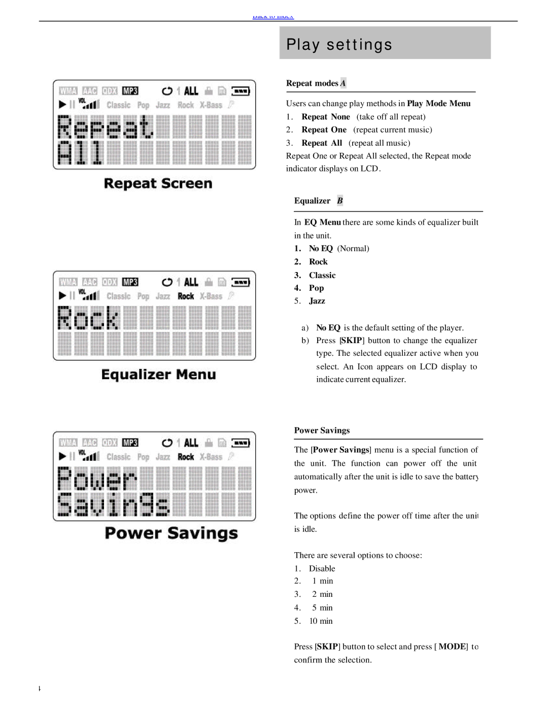 Evolution Technologies EV64AMX Play settings, Repeat modes a, Equalizer B, Rock Classic Pop Jazz, Power Savings 