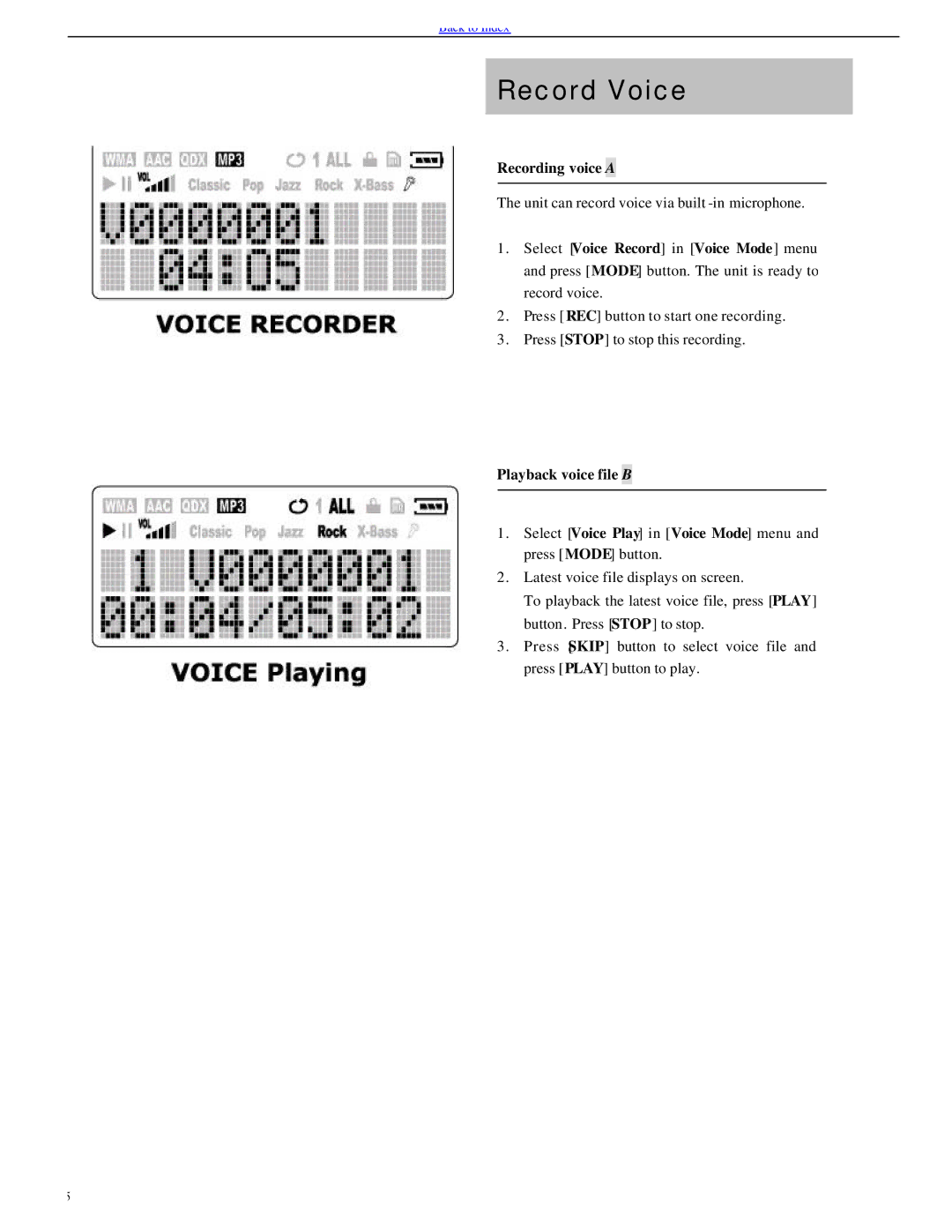 Evolution Technologies EV64AMX operating instructions Record Voice, Recording voice a, Playback voice file B 