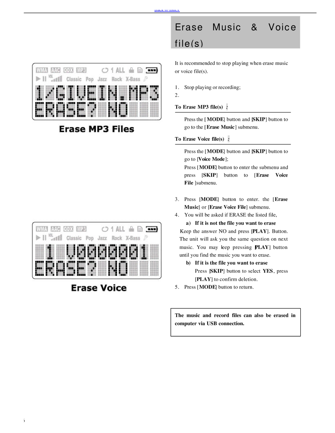 Evolution Technologies EV64AMX operating instructions Erase Music & Voice Files, To Erase MP3 files, To Erase Voice files 