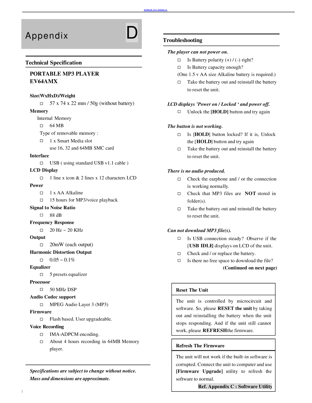 Evolution Technologies EV64AMX operating instructions AppendixD, Technical Specification, Troubleshooting 