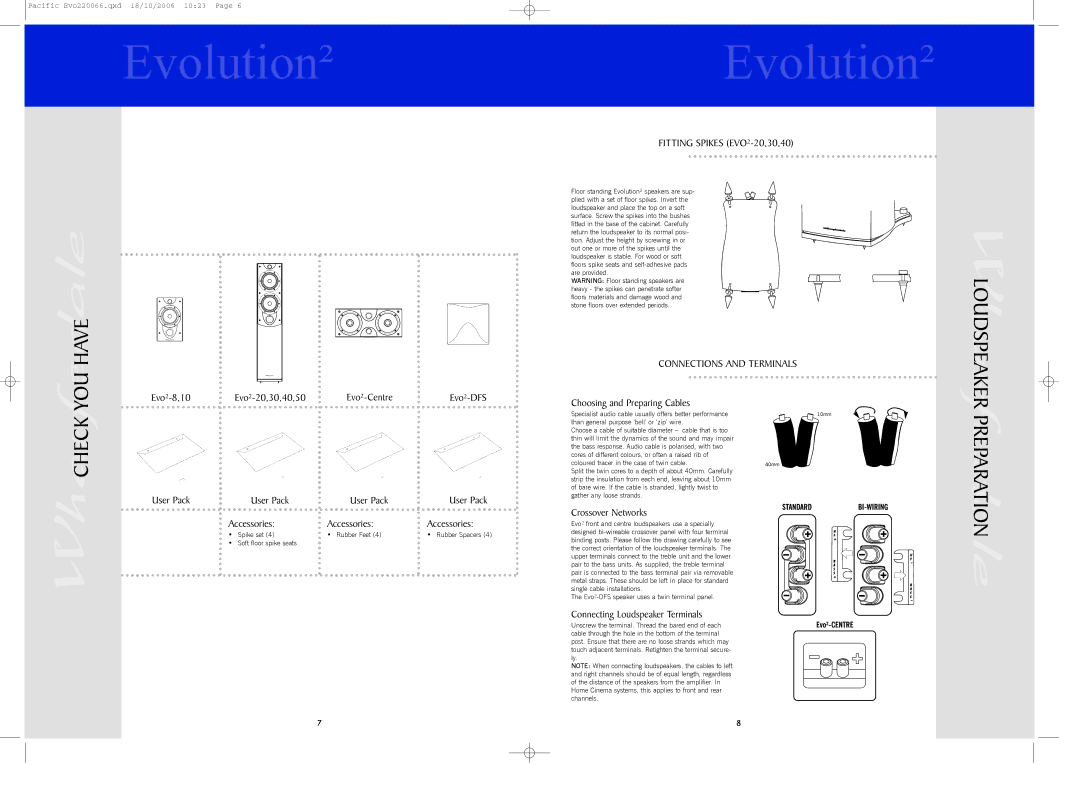 Evolution Technologies EVO40, EVO20 Have, Loudspeaker Preparation, Fitting Spikes EVO²-20,30,40, Connections and Terminals 