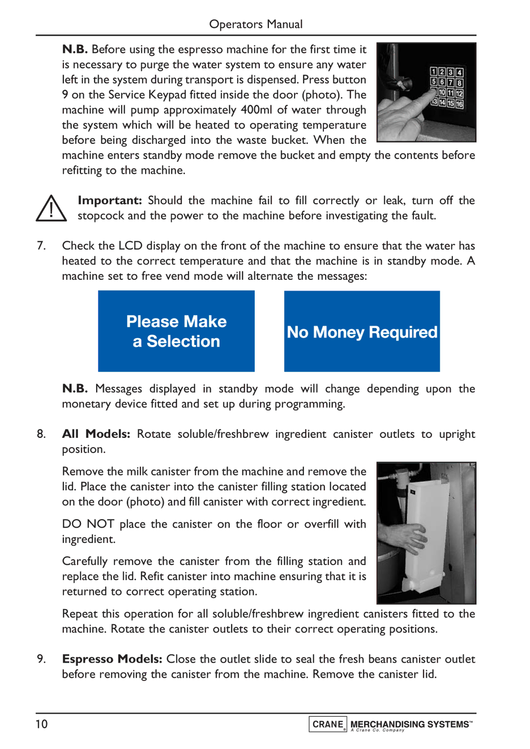 Evolution Technologies PR10908000, Instant, Freshbrew & Espresso (B2C) Machine manual Operators Manual 