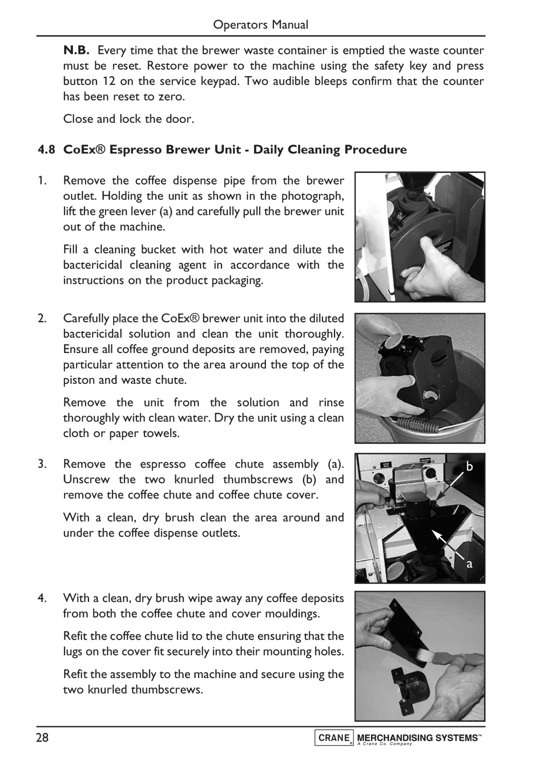 Evolution Technologies PR10908000 manual CoEx Espresso Brewer Unit Daily Cleaning Procedure 