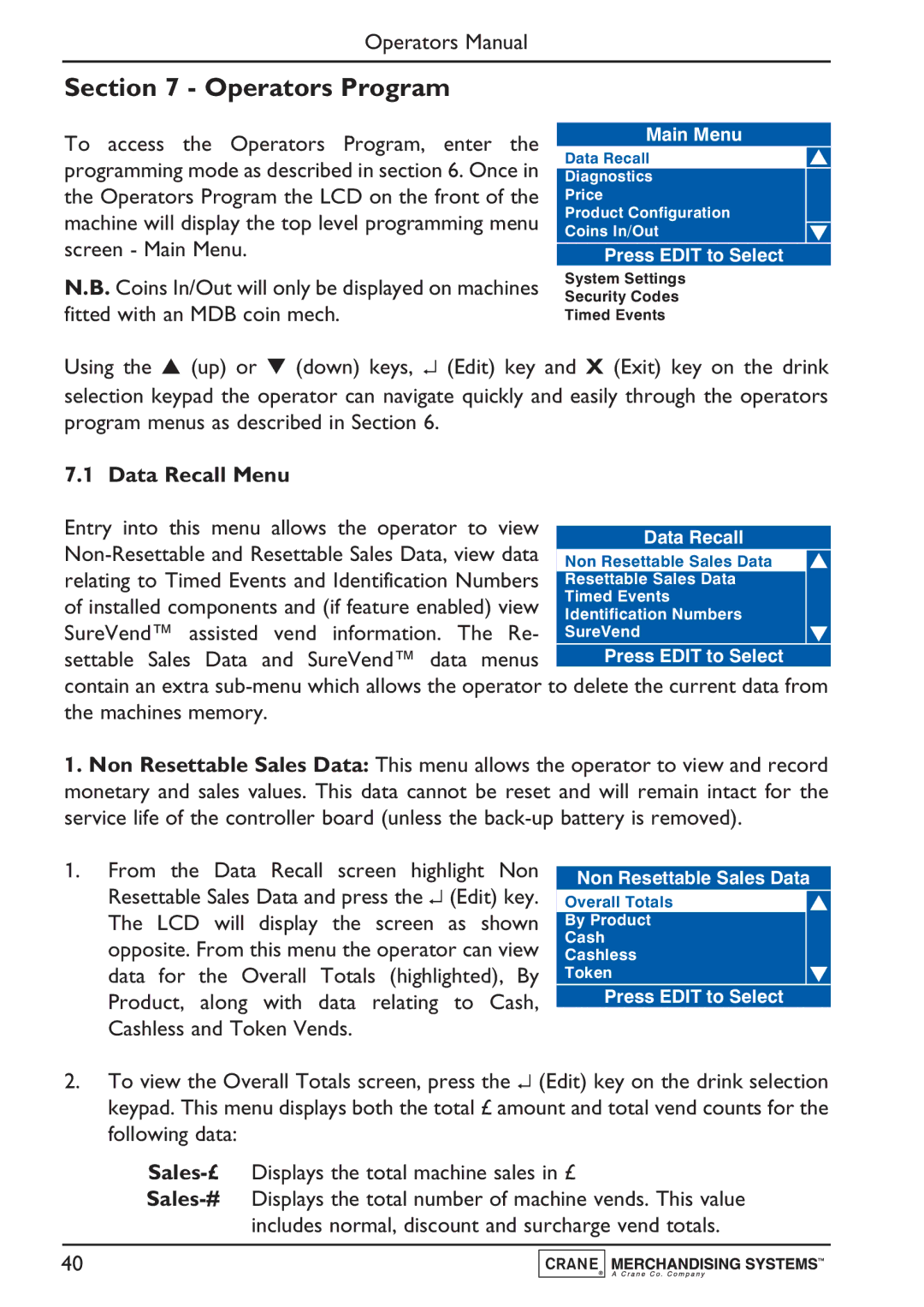 Evolution Technologies PR10908000, Instant, Freshbrew & Espresso (B2C) Machine manual Operators Program, Data Recall Menu 