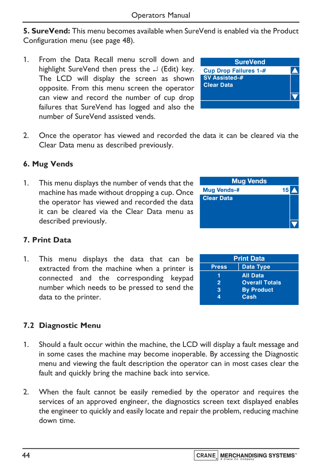 Evolution Technologies PR10908000, Instant, Freshbrew & Espresso (B2C) Machine manual Mug Vends, Print Data, Diagnostic Menu 