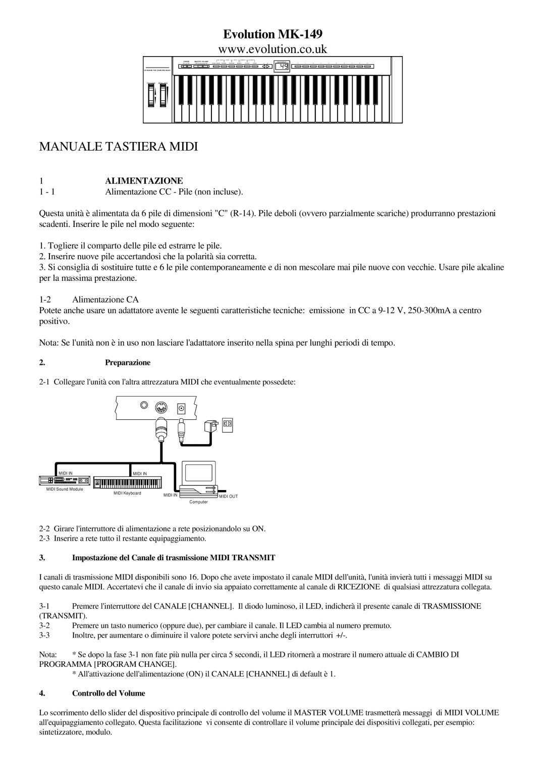 Evolution Technologies MK-149 manual Alimentazione, Preparazione, Impostazione del Canale di trasmissione Midi Transmit 