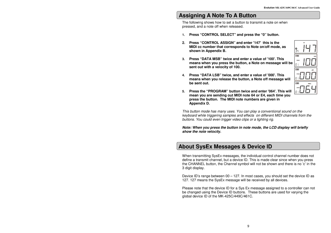 Evolution Technologies MK-416C manual Assigning a Note To a Button, About SysEx Messages & Device ID 