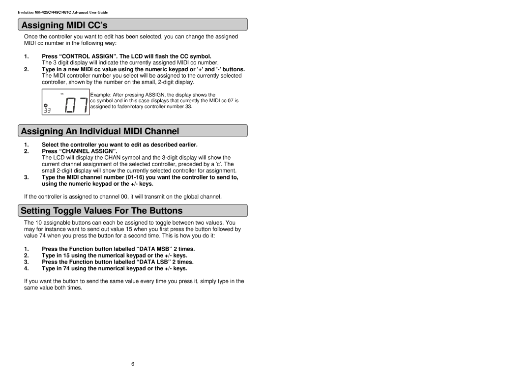 Evolution Technologies MK-416C manual Assigning Midi CC’s, Assigning An Individual Midi Channel 