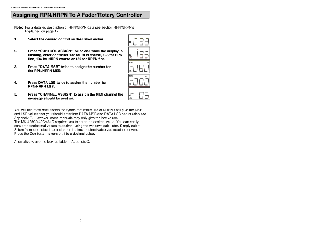 Evolution Technologies MK-416C manual Assigning RPN/NRPN To a Fader/Rotary Controller, Rpn/Nrpn Lsb 